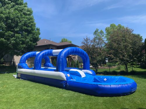 Blue slip-n-slide inflatable rental in Iowa City, Iowa